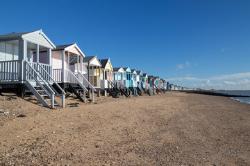 Beach huts at Thorpe Bay, Essex, England, United Kingdom