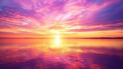 Fototapeta premium Bright sunrise sky with vivid pink, purple, and gold colors over a calm lake with reflection