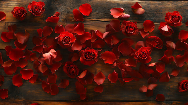 木の表面に広がる赤いバラと花びら