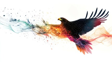 Fototapeta premium The image of an eagle surrounded by a halo of colorful waves is stunning, representing the intersection between nature and scientific exploration.