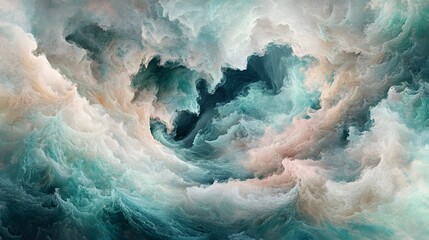 Abstract swirling cloudscape with soft colors and textured forms.