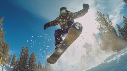 快晴の中ジャンプするスノーボーダー