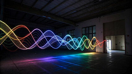 a light show with a wave and a person walking in the background.2