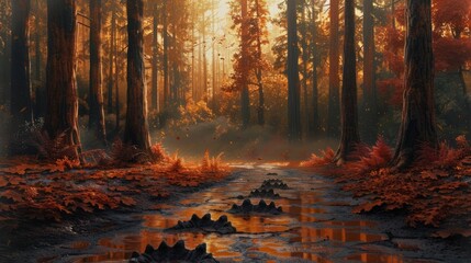 Obraz premium Stunning autumn landscape showcasing a serene stream winding through a lush forest filled with vibrant orange and red foliage The warm sunlight filters through the trees