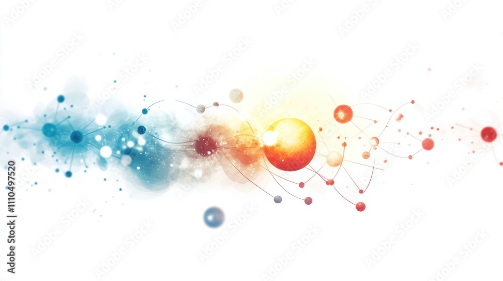 Poster numbers floating in space with a particle cloud and atomic structures