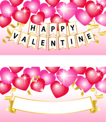 バレンタインに使えるピンクや赤のハートのキラキラした飾りのバナーデザイン