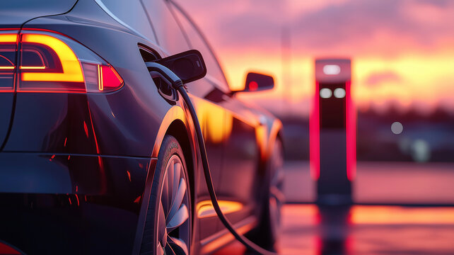 sleek electric car charging at station during sunset, showcasing modern technology