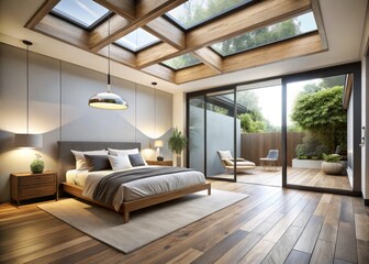 Naklejka premium Minimalist Bedroom in a New Luxury Home Featuring Hardwood Floors, Sliding Glass Door to Patio, Skylights with Wood Beams, and Elegant Pendant Lighting in a Serene Atmosphere