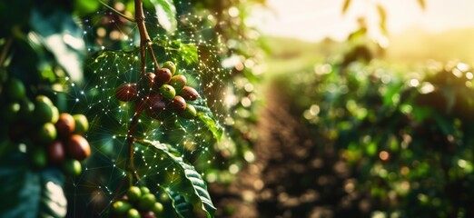 Coffee beans on tree with digital overlay, showcasing agricultural technology and innovation in farming practices, copy space for text