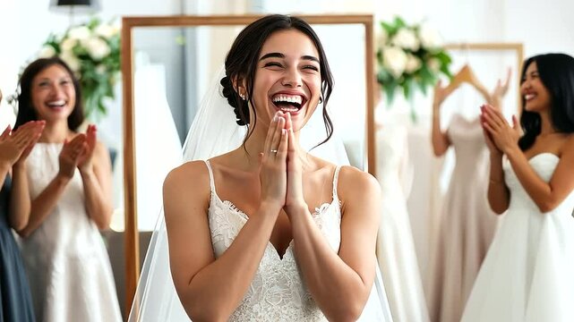 Joyful Bride to Be in Bridal Boutique Surrounded by Friends