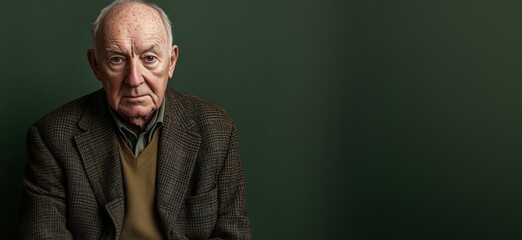 Fototapeta premium Elderly man with serious expression, wearing tweed jacket and sweater, against dark green background. Portrait captures wisdom and experience., copy space for text
