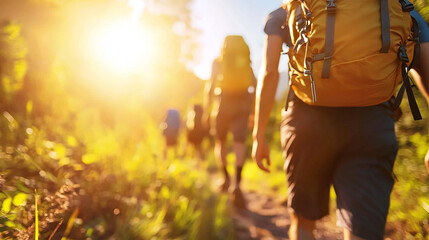 diverse team of hikers navigates rugged trail, their backpacks glistening in warm sunlight, creating sense of adventure and camaraderie in great outdoors