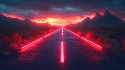 Bright glowing neon road illuminated in vibrant red light, futuristic desert highway, dramatic sunset, reflective path, open landscape, and modern atmospheric design.