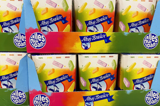Viersen, Germany - November 9. 2024: Closeup of boxes Frigeo Ahoj Brause in german store shelf (focus on center)