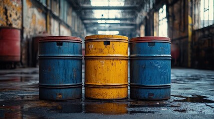 Rusty industrial barrels in abandoned warehouse, blue and yellow metal containers, aged factory, vintage decor, grunge texture, industrial design, retro vibes, decay.
