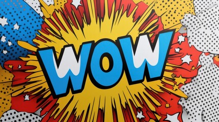 Vibrant comic-style "Wow!" surrounded by colorful bursts and star patterns, capturing surprise and amazement.