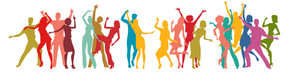 Happy people dancing colorful figures