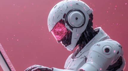 Fototapeta premium AI robot with glowing circuits working on a laptop in a dark cyber environment, artificial intelligence engaged in futuristic programming, advanced robotics in digital innovation