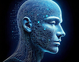 Obraz premium Digital circuit lines forming a human profile with intricate detailing, representing the connection between technology and human consciousness; art concept