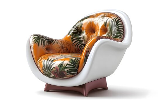 Retro 7o's unique armchair with tropical pattern in orange and green, white frame. Isolated on white background.