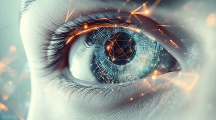 an abstract digital eye, with geometric shapes and holographic elements radiating from the iris,