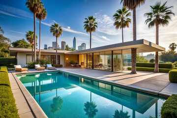 Modern luxury home with pool, palm trees, and city skyline view.