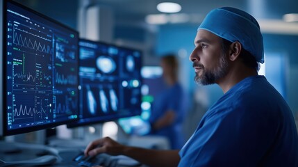 A focused medical professional analyzes complex data on multiple screens in a high-tech environment, likely a surgical or diagnostic setting.