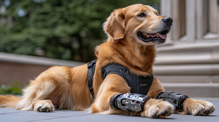 A Golden Retriever Wearing Mobility Braces Enjoys a Sunny Day Outdoors at a Park Setting