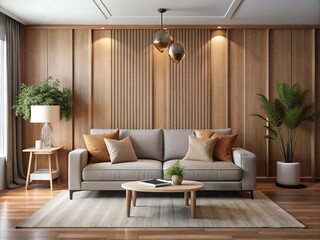 Modern Living Room Portrait Featuring Beige Sofa and Wooden Paneled Walls in Minimalist Interior Design, Perfect for Interior Design Mockups and Advertisements