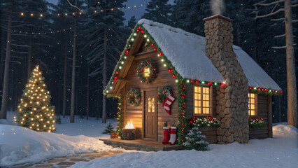 Fototapeta premium Rustic cabin interior with fireplace, decorated with pine garland, red and green ornaments, snow visible through the window, warm holiday ambiance, cozy Christmas scene