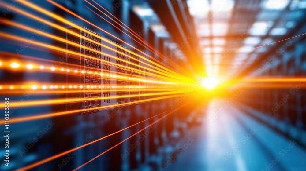 Poster a dynamic image showcasing beams of light illuminating a data center, symbolizing high-speed data tr