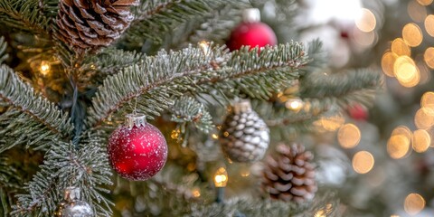 Obraz premium Close-up of a Christmas tree decorated with red baubles and frosted pinecones