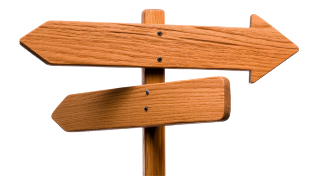 Wooden signpost with directional arrows a path to choice and decision-making in rustic outdoors