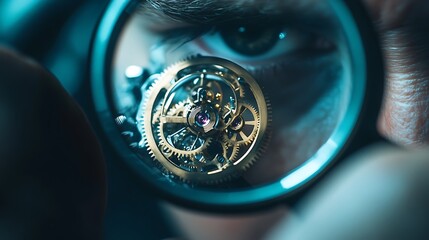 Close-up of watchmaker examining intricate clockwork through magnifying glass.