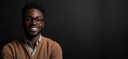 Obraz premium Smiling man with glasses, dark background, stylish sweater, confident expression, portrait photography, copy space for text