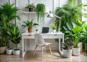 Fototapeta premium Modern Stylish Desk Interior with White Table and Green Plants, Perfect for a Chic Home Office Setup, Emphasizing Minimalism and Natural Elements for a Productive Atmosphere
