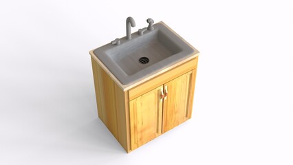 wood cabinet with sink with white background