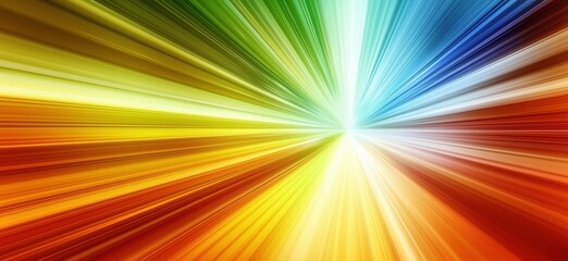 Obraz premium Colorful light burst radiating from center, vibrant hues of red, orange, yellow, green, blue, and purple creating dynamic visual effect, copy space for text