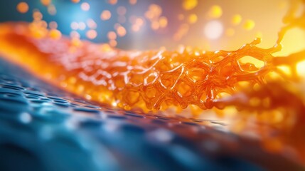 A vibrant, abstract depiction of an intricate network, showcasing glowing orange patterns against a cool blue background.