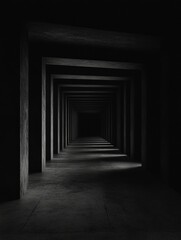 Mysterious dimly lit hallway with deep shadows and perspective