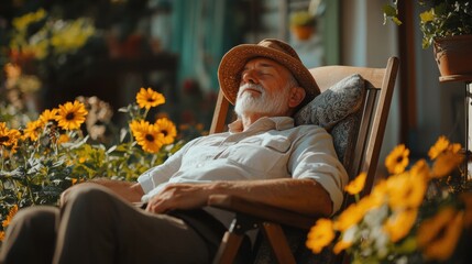 Relaxed elderly man in straw hat resting on wooden chair in vibrant sunflower garden, peaceful senior moment, summer day, serene lifestyle, nature connection.
