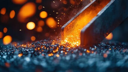 Obraz premium A close-up view of molten metal being poured, with glowing sparks and a dark background, showcasing the intense heat and dynamic movement of metalworking.