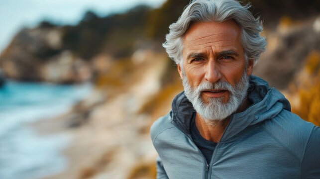 Confident senior man with gray beard in outdoor fitness attire near ocean coastline, active lifestyle, mature fitness, coastal hiking, rugged outdoor portrait.