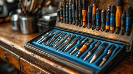 Close-up of precision toolset arranged neatly in wooden box, professional equipment, workshop essentials, organized tools, industrial craftsmanship, screws, durable, functional design.