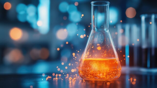 A glowing flask filled with orange liquid sits on a laboratory table, surrounded by blurred test tubes, creating a vibrant, scientific atmosphere.