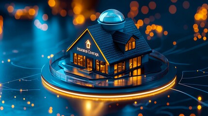 Obraz premium life insurance coverage stability. A futuristic illuminated house model surrounded by glowing elements, symbolizing innovation and technology in modern design.
