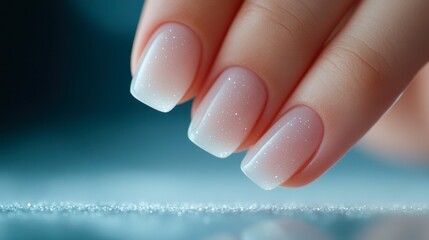 A close-up image of elegantly manicured nails featuring a delicate gradient design with sparkles, Ideal for beauty blogs, nail salons, and fashion websites, showcasing manicure trends,