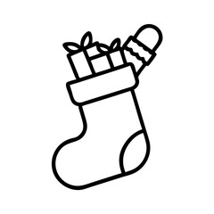 christmas stocking with gifts Outline Icon, christmas icon - Black outline icon of christmas stocking with gifts symbolizing Christmas, holidays, and festive in simple design.