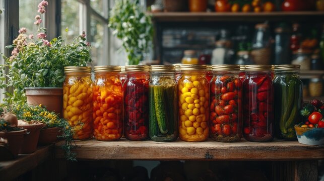 Rustic jars of pickled vegetables arranged on wooden shelf in sunlight, homemade preserves, vibrant garden harvest, natural food storage, organic farming, farmhouse charm.