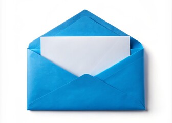 Opened Blue Paper Envelope Mockup with Blank Sheet Isolated on White Background for Creative Projects, Presentations, or Promotional Materials - High Resolution Image